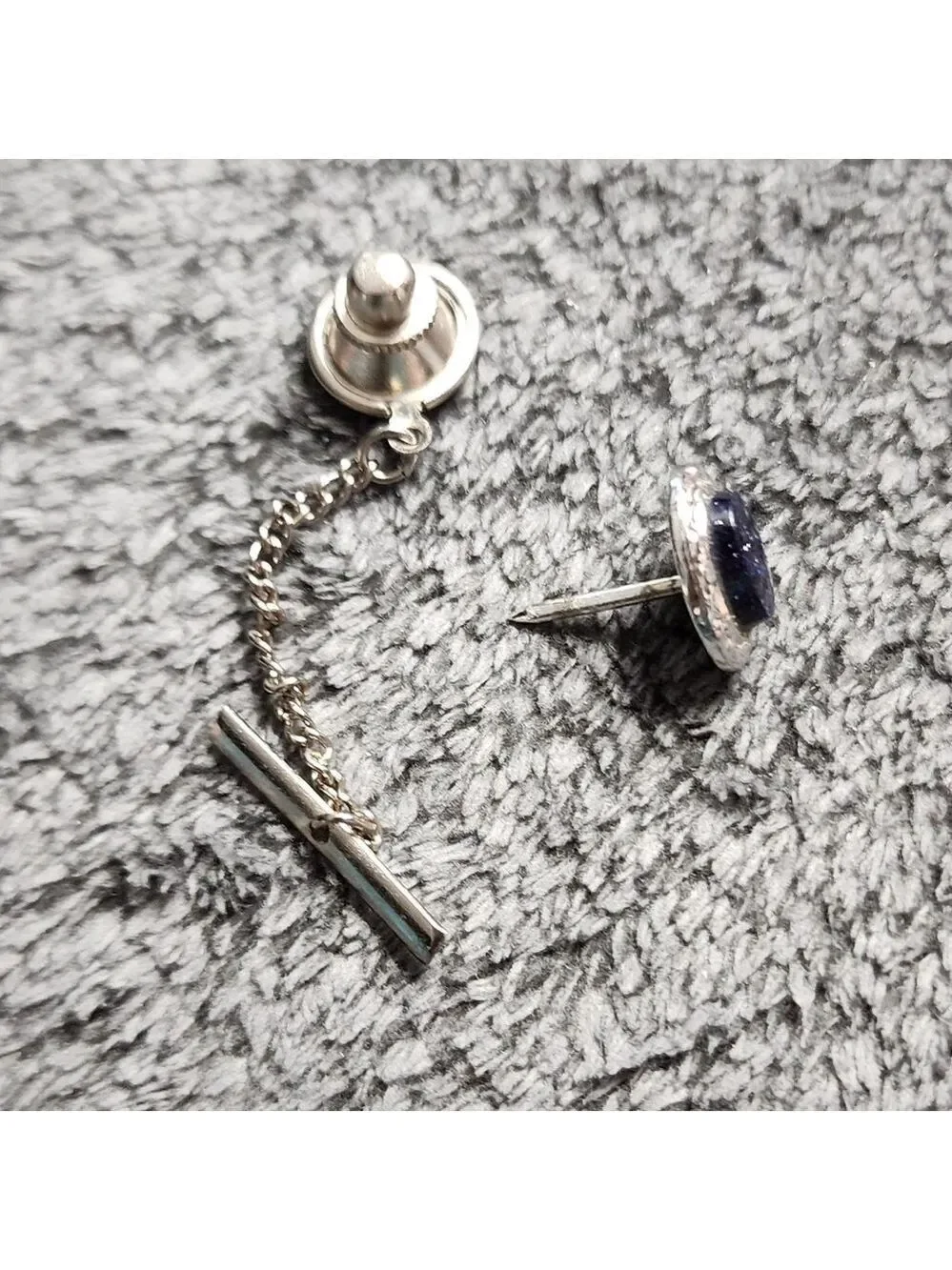 Vintage Silvertone Blue Goldstone Tie Tac with Chain